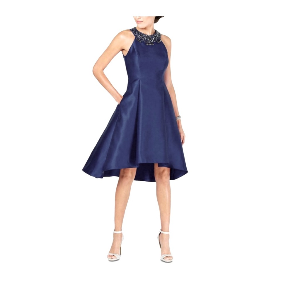 Adriana Papell Blue Embellished Sleeveless Jewel Neck Dress, Size 8